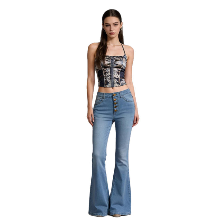 Damen Schlagjeans mit bunten Knopfdetails und hohem Bund Echo Archiv