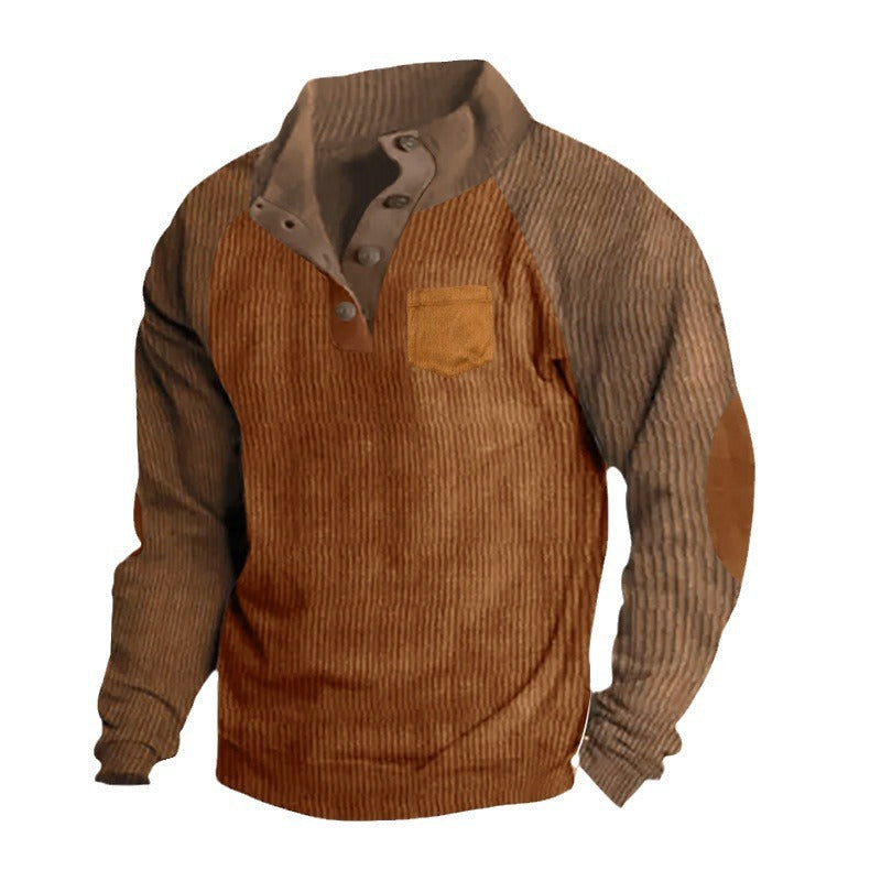 Herren Geripptes Henley‑Pullover mit Raglanärmeln, Ellenbogen‑Patches & Brusttasche – Cavarno