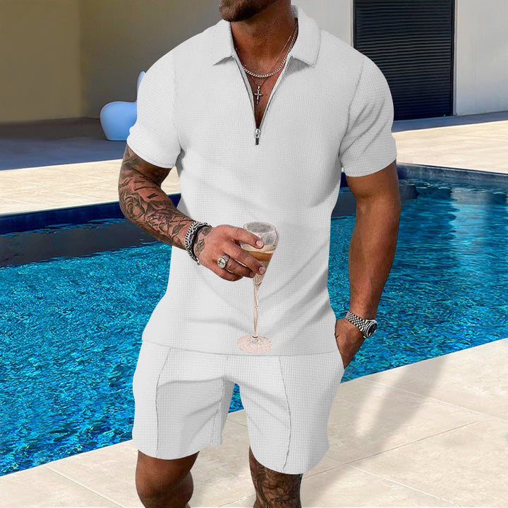 Herren lässiges Polo- und Shorts-Set mit Reißverschluss und strukturierter Oberfläche Echoarchiv