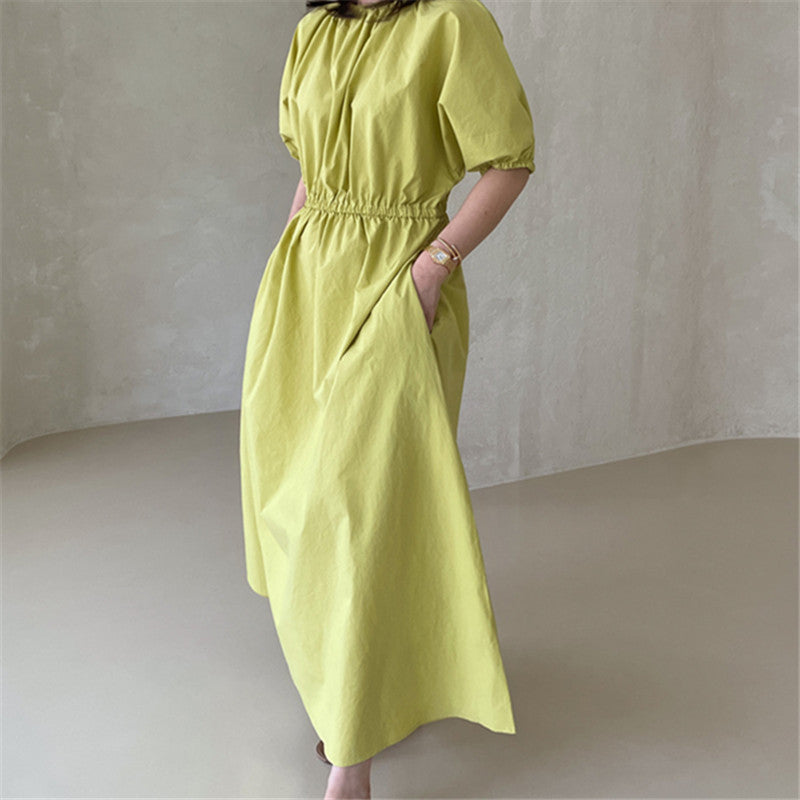 Damen Fließendes Baumwoll-Maxi-Sommerkleid mit elastischem Taillenbund, Puffärmeln und Eingrifftaschen – Valéora