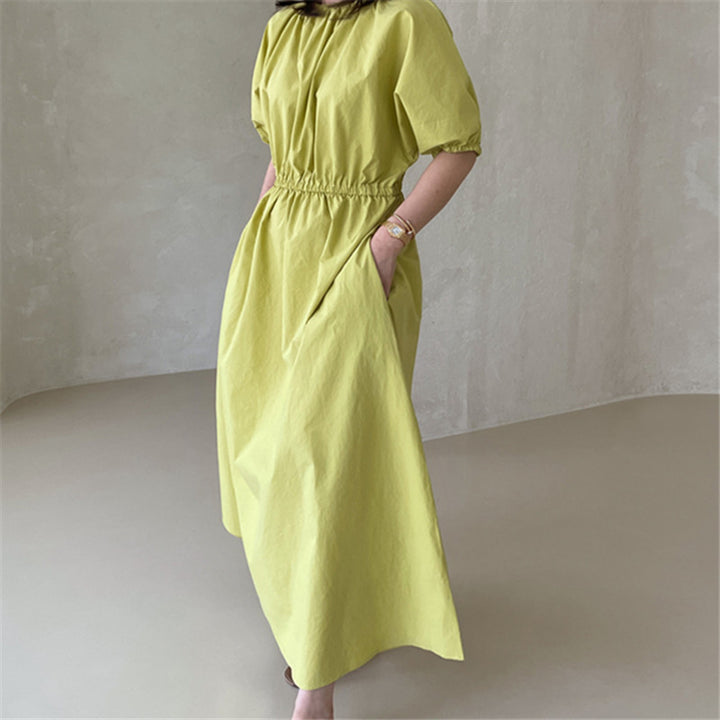 Damen Fließendes Baumwoll-Maxi-Sommerkleid mit elastischem Taillenbund, Puffärmeln und Eingrifftaschen – Valéora