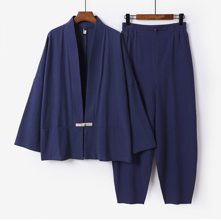 Herren Zen-Relax-Set mit offener Kimono-Jacke, dekorativem Knebelverschluss und tapered Harem-Joggpants Echoarchiv