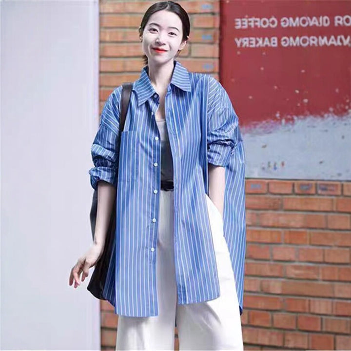 Damen Longline-Hemd mit Nadelstreifen, Oversize-Silhouette und verlängertem Saum – Maréline
