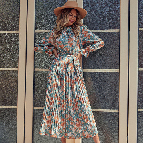 Damen Plissiertes Maxikleid mit Blumenprint, Stehkragen und Taillenband – Valéora