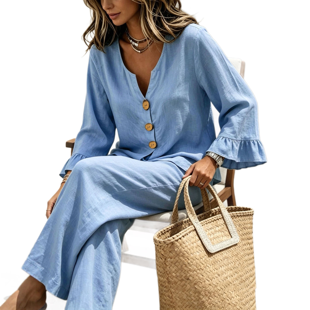 Damen Leinenoptik-Loungewear-Set mit V-Ausschnitt Holzknopfleiste und Volantärmeln Echoarchiv