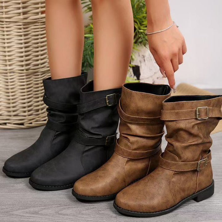 Damen Lässige Slouch-Stiefel mit verstellbaren Zierschnallen, flacher Profilsohle und weichem Kunstleder Echo Archiv