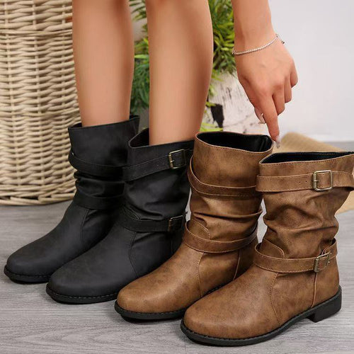 Damen Lässige Slouch-Stiefel mit verstellbaren Zierschnallen, flacher Profilsohle und weichem Kunstleder Echo Archiv