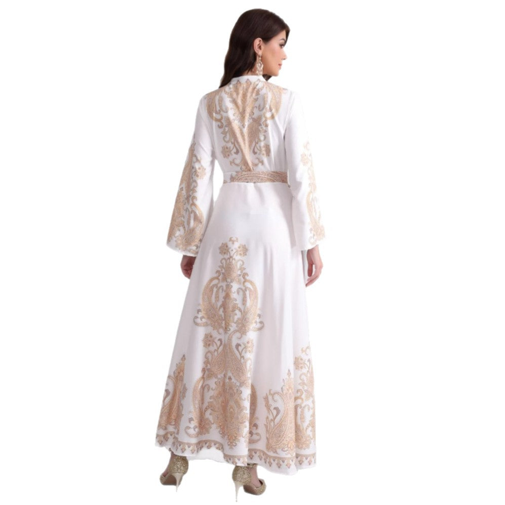 Damen Besticktes Maxikleid mit Stehkragen, Taillengürtel und Orientalischem Paisley-Motiv – Valéora