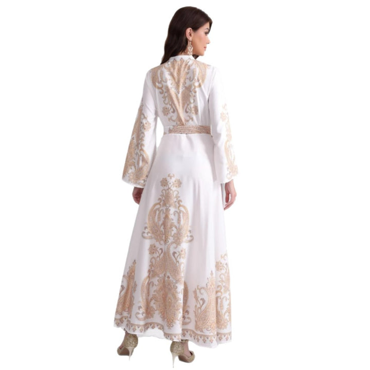 Damen Besticktes Maxikleid mit Stehkragen, Taillengürtel und Orientalischem Paisley-Motiv – Valéora