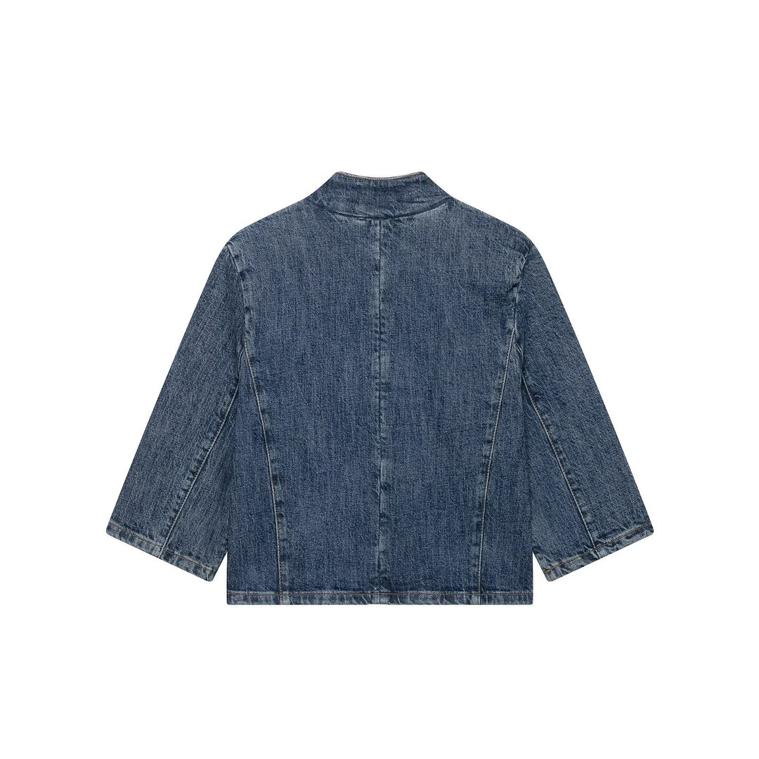 Damen Cropped Denim Cape‑Jacke mit Stehkragen, kastiger Silhouette und 3/4‑Ärmeln Echo Archiv