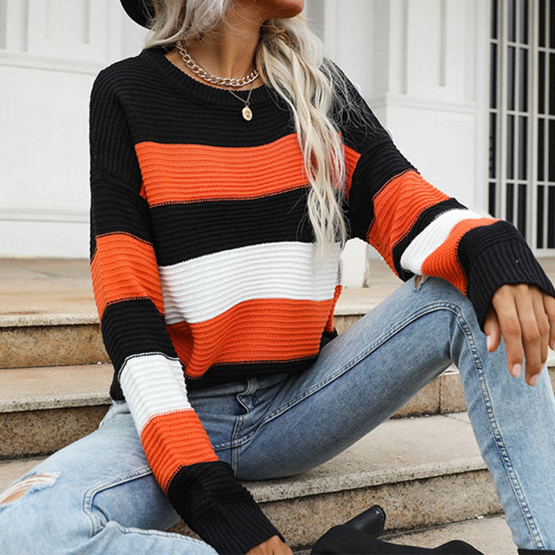 Damen Breitgestreifter Strickpullover im Fisherman‑Look mit gerippter Textur und überschnittener Schulter Echoarchiv