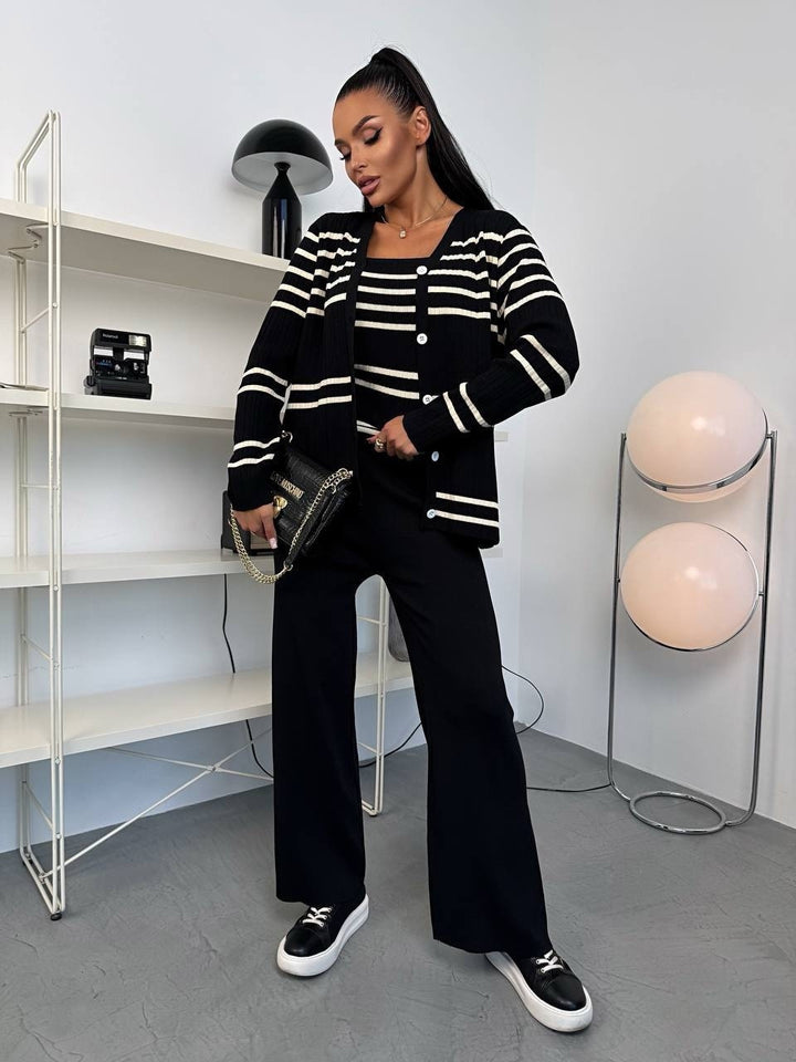 Damen Strick-Loungewear-Set aus Feinripp mit Button-Cardigan, Spaghetti-Top und weitem Jogger – Mavelle