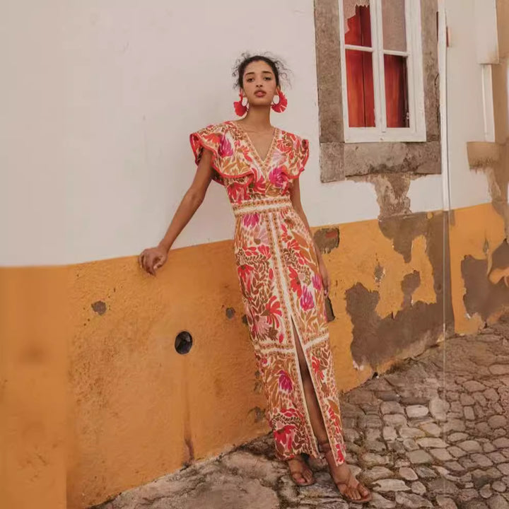 Damen Maxikleid mit farbenfrohem floralem Muster und Volantärmel Echo Archiv