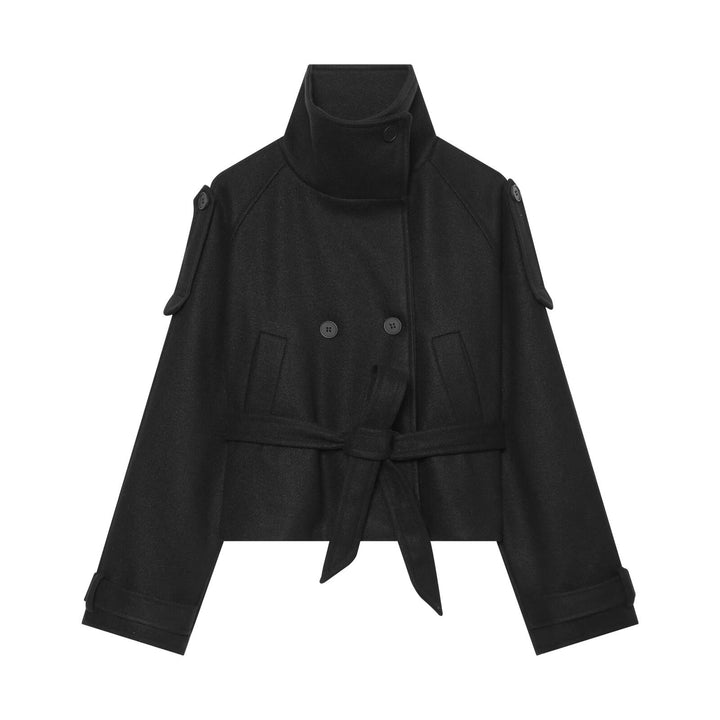 Damen Kurze Wollmix-Capejacke mit Taillengürtel und Funnelkragen Echoarchiv