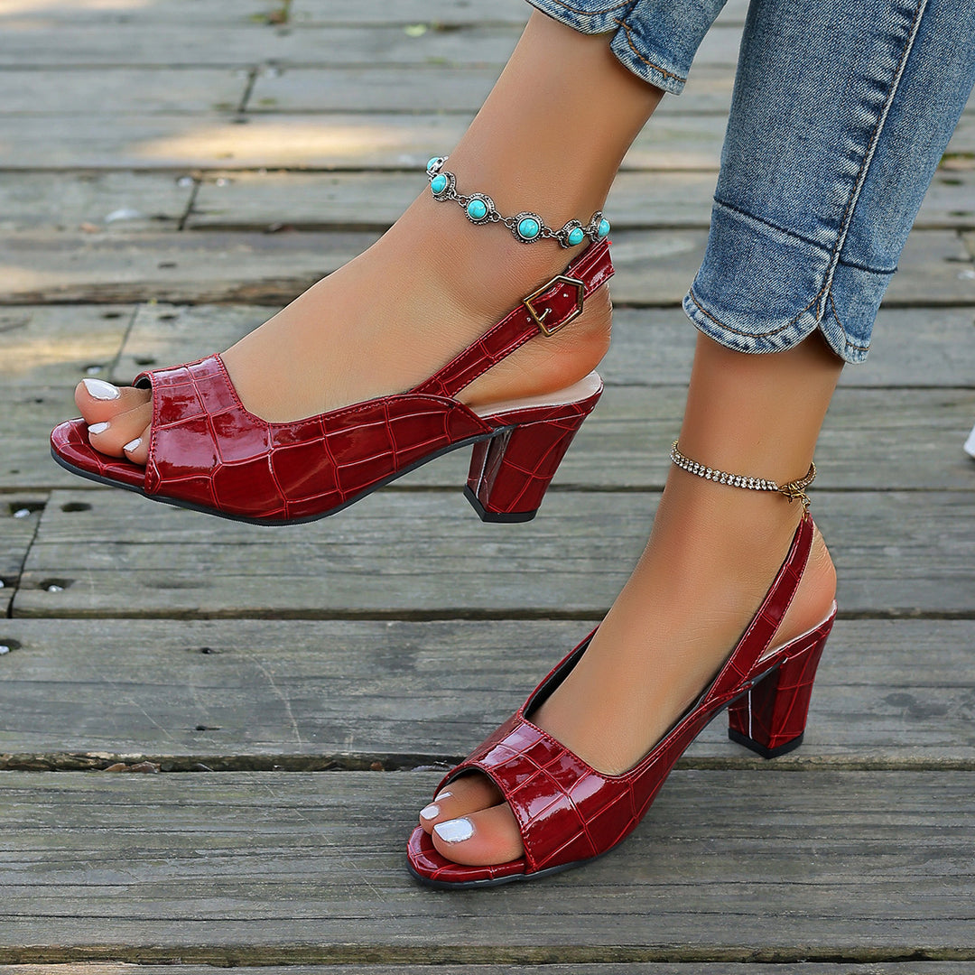 Damen elegante Peeptoe-Slingback Sandalen mit mittelhohem Blockabsatz Kroko-Lackleder-Optik – Sorelia