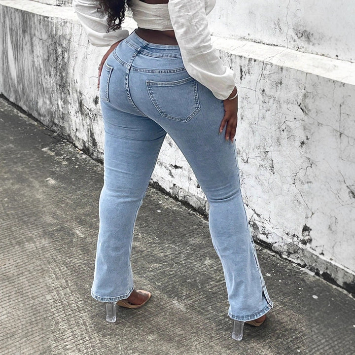 Damen High-Waist Stretch-Jeans mit leichtem Flare und seitlichen Druckknopf-Details Echo Archiv