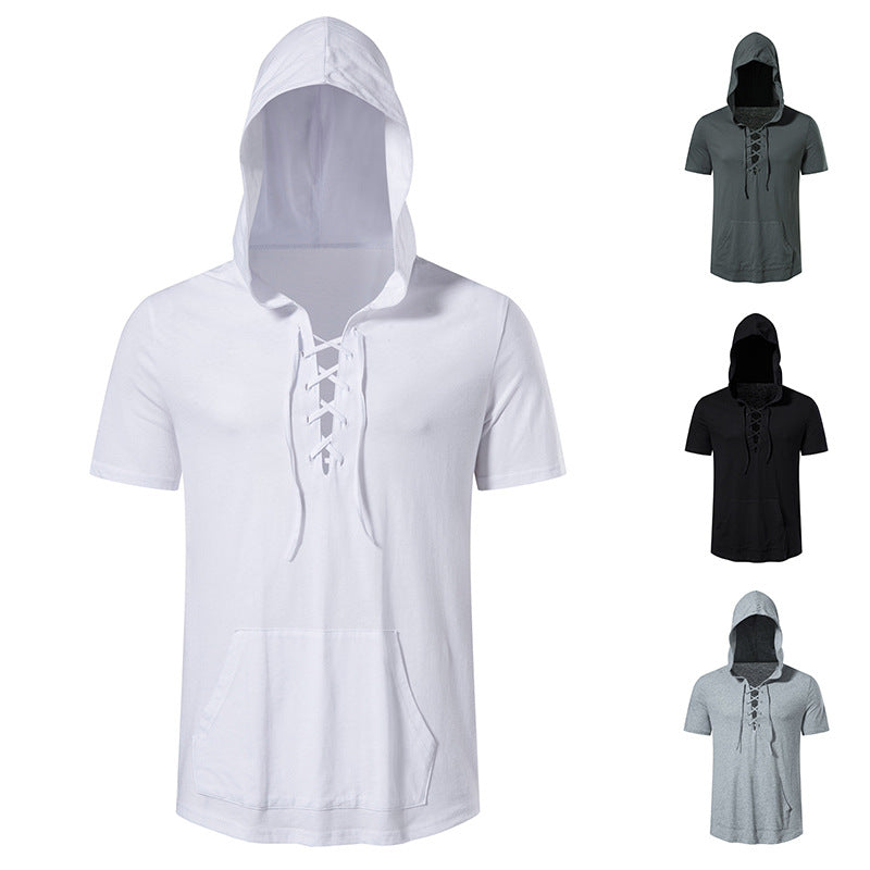 Herren Kurzarm-Hoodie mit lässigem Lacing-Design und praktischer Kängurutasche Echoarchiv