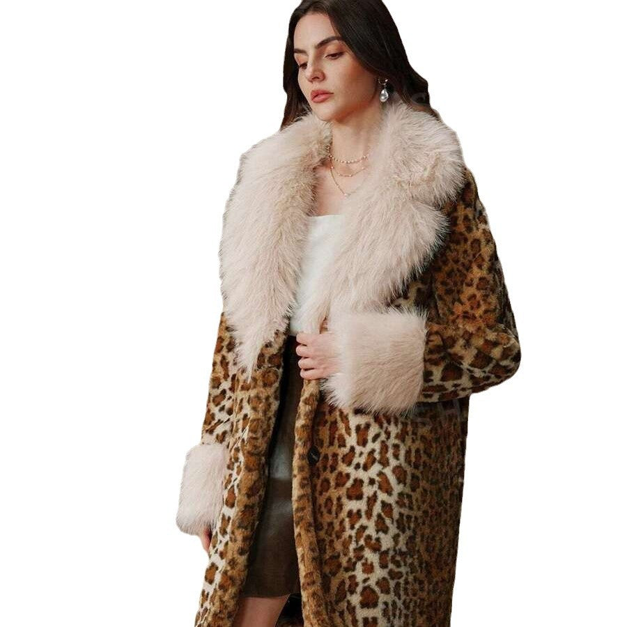 Damen Midilanger Kunstpelzmantel im Animal-Look mit abgesetztem Langhaar-Kragen und Manschetten Echo Archiv