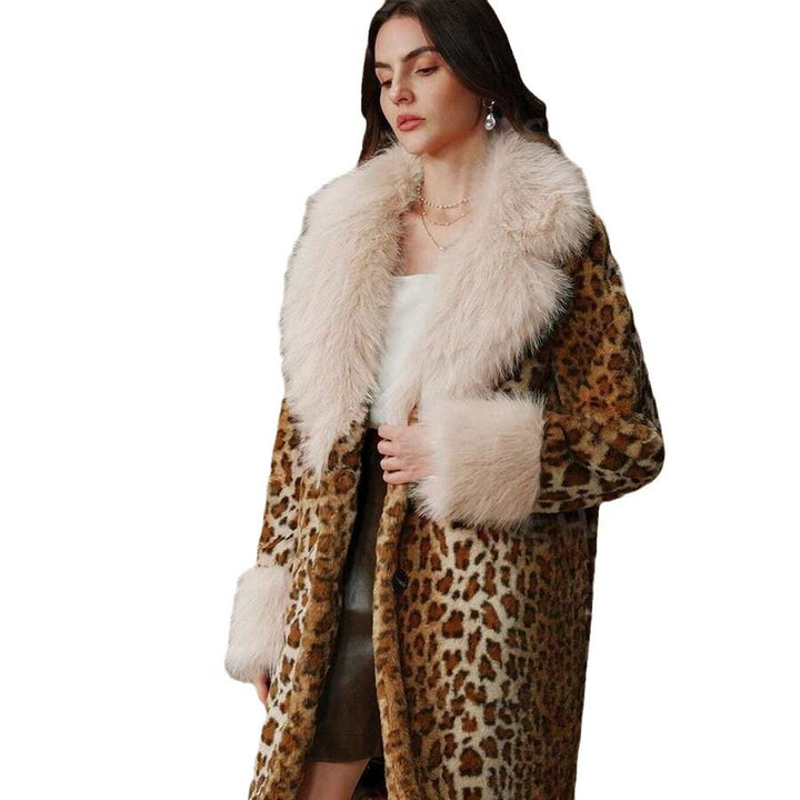 Damen Midilanger Kunstpelzmantel im Animal-Look mit abgesetztem Langhaar-Kragen und Manschetten Echo Archiv