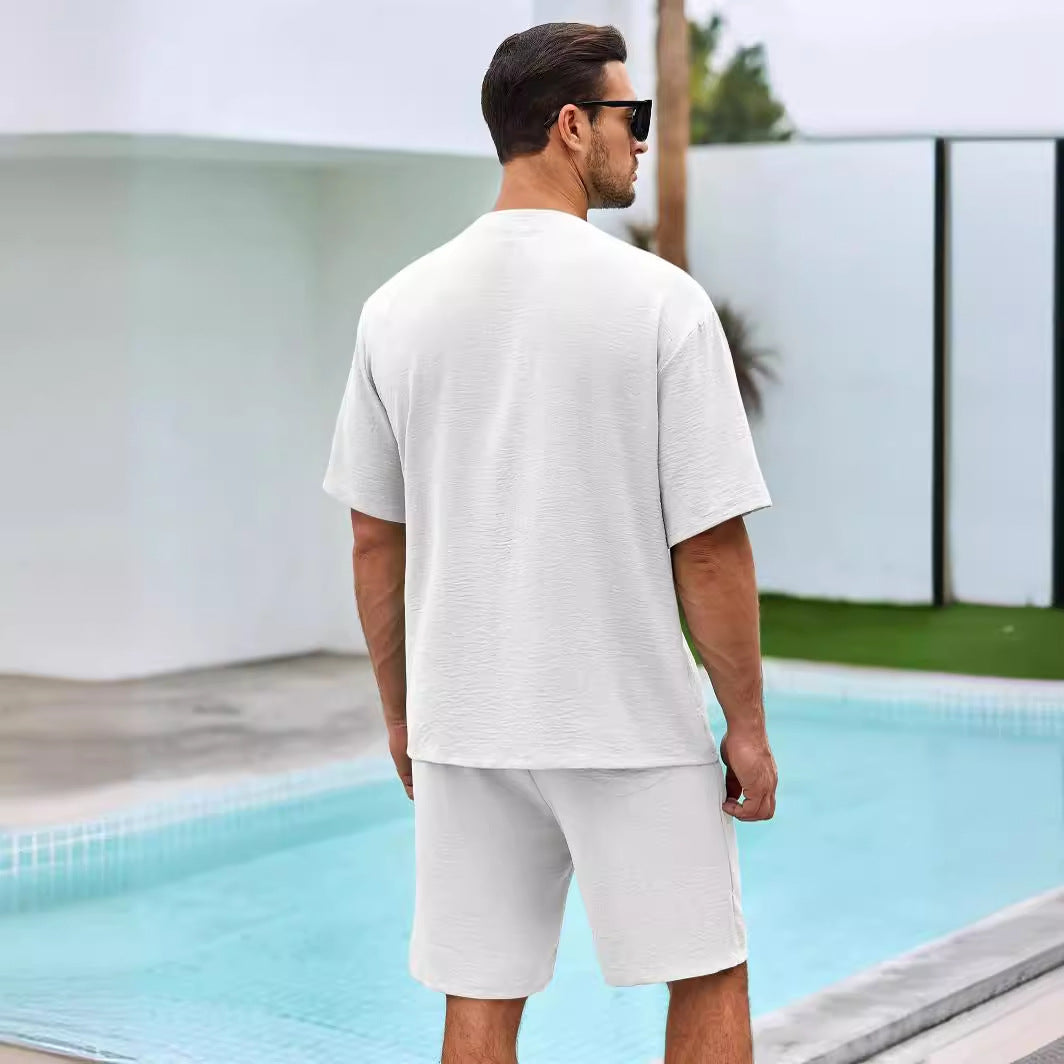 Herren luftiges Sommer-Freizeit-Set mit kurzärmeliger Knopfleiste und lässigen Shorts Echoarchiv
