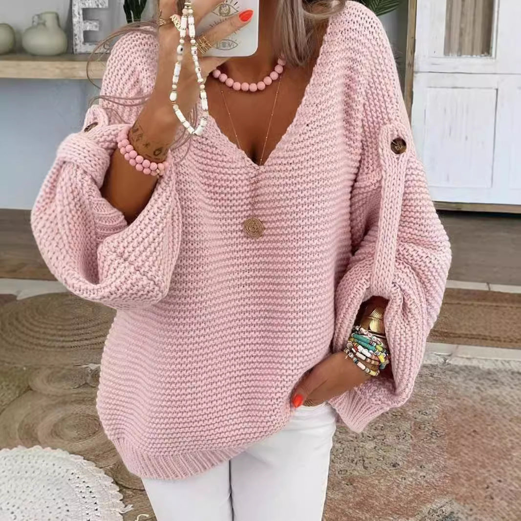 Damen weiter Strickpullover mit V-Ausschnitt, Ballonärmeln und Knopfdetail Echo Archiv