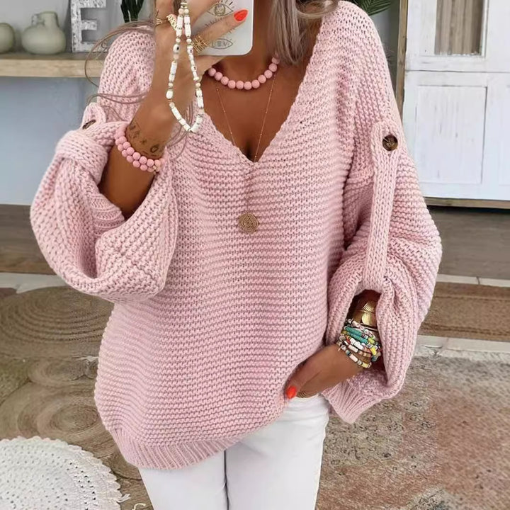 Damen weiter Strickpullover mit V-Ausschnitt, Ballonärmeln und Knopfdetail Echo Archiv
