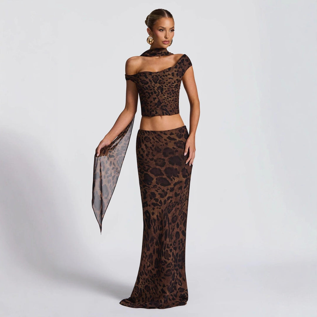 Damen Elegantes Set aus Crop-Top und Maxirock mit Leopardenmuster Echo Archiv