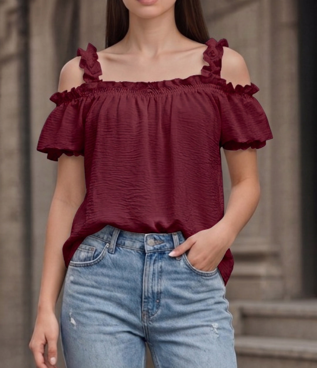 Damen Schulterfreies Crinkle-Top mit Smok-Bandeau, Rüschen‑Trägern und Flügelärmeln Echo Archiv