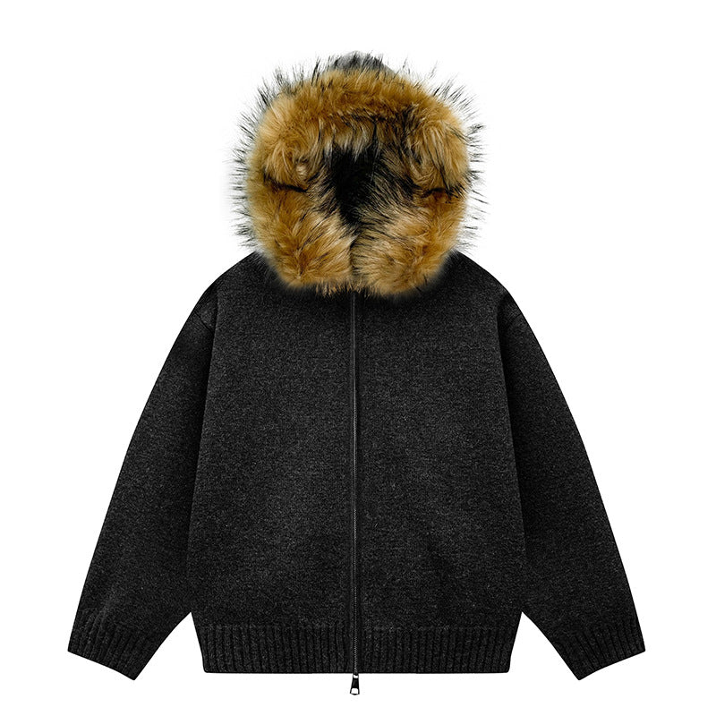 Damen Strick-Bomberjacke mit Kapuze und abnehmbarem Kunstfellbesatz Echoarchiv