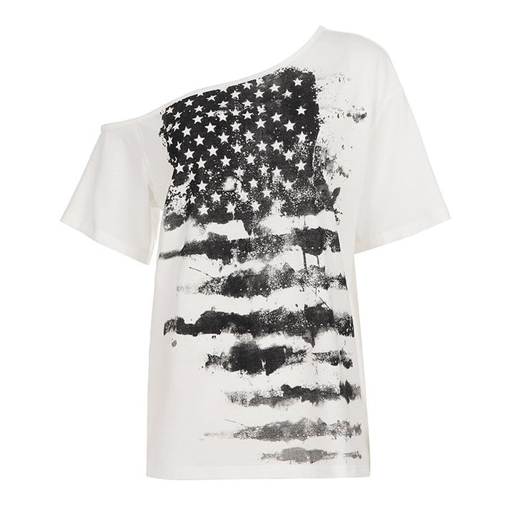 Damen Oversized T-Shirt mit asymmetrischem Schnitt und grafischem Sterneprint Echo Archiv
