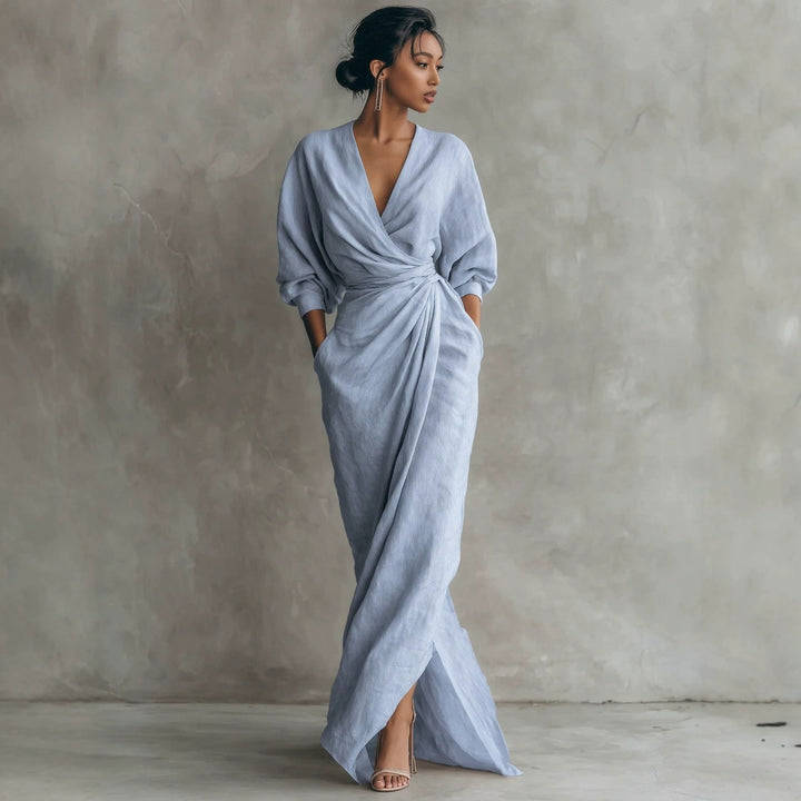 Damen Wickel-Maxikleid aus Leinenmix mit tiefem V-Ausschnitt und Ballonärmeln Echoarchiv