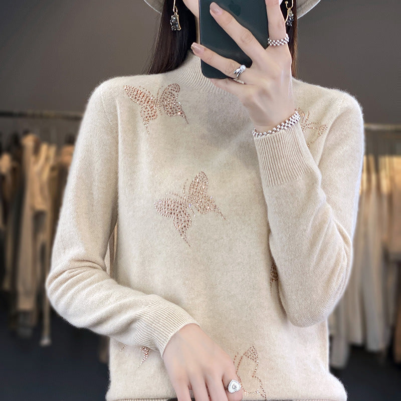 Damen Stehkragen-Feinstrickpullover mit Strass-Schmetterlingsapplikation Echoarchiv
