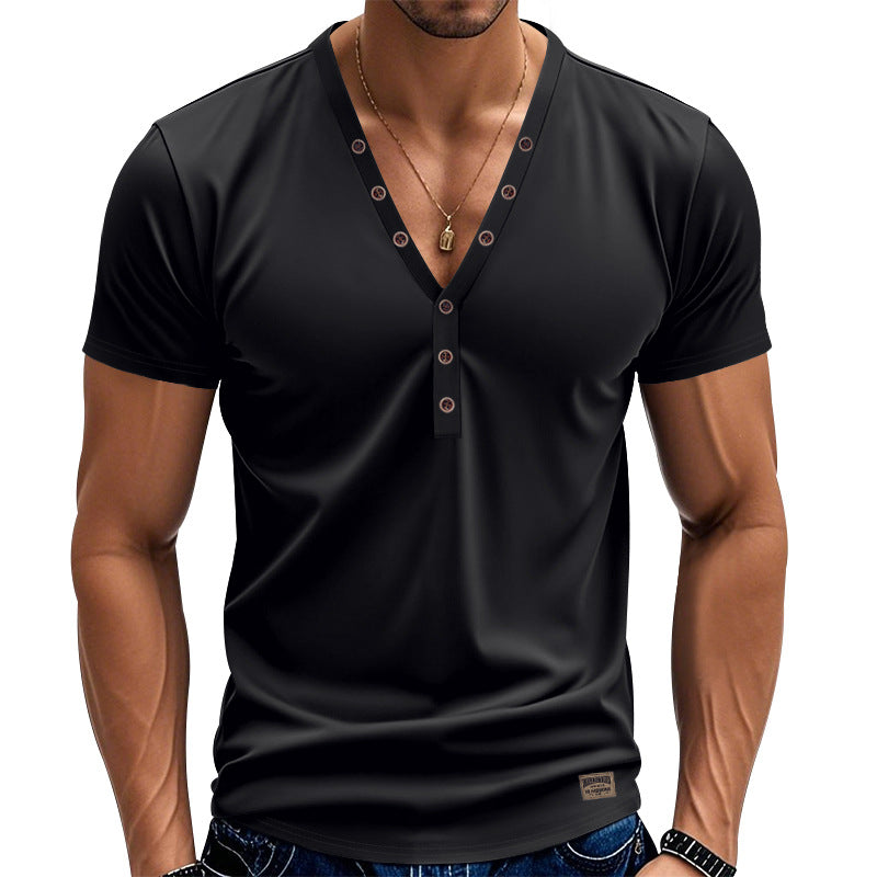 Herren Kurzarm Henley-T-Shirt mit modischem V-Ausschnitt und dekorativen Knöpfen Echoarchiv