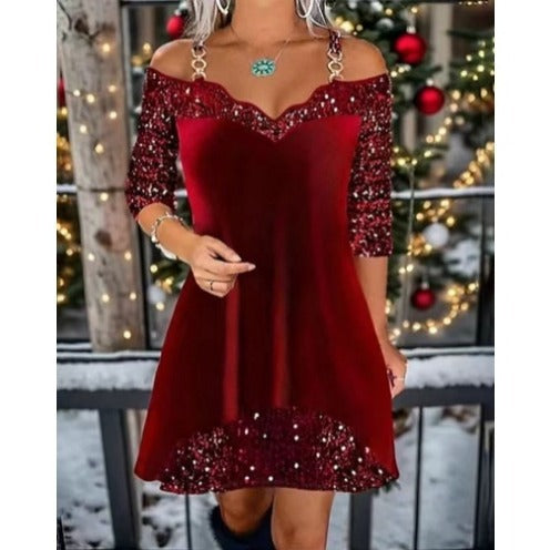 Damen nan schulterfreies Pailletten-Swingkleid mit zierlichen Ketten‑Trägern, halblangen Ärmeln und Volantbesatz Echo Archiv