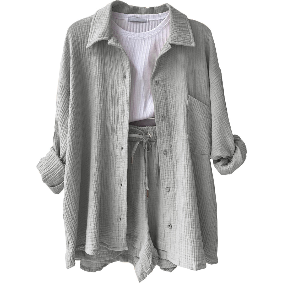 Damen nan lässiges oversized Hemd und Shorts Set mit Brusttasche Kordelbund und gerauter Baumwollstruktur Echo Archiv