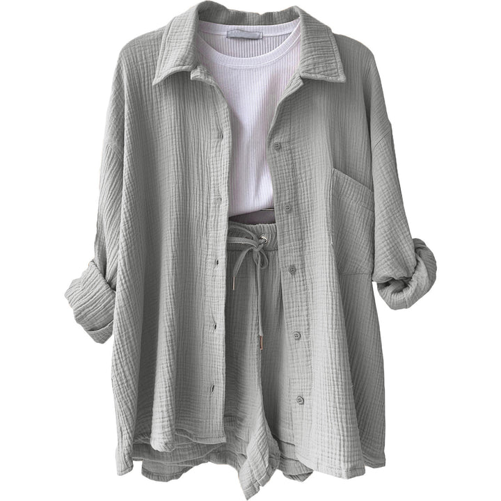 Damen nan lässiges oversized Hemd und Shorts Set mit Brusttasche Kordelbund und gerauter Baumwollstruktur Echo Archiv