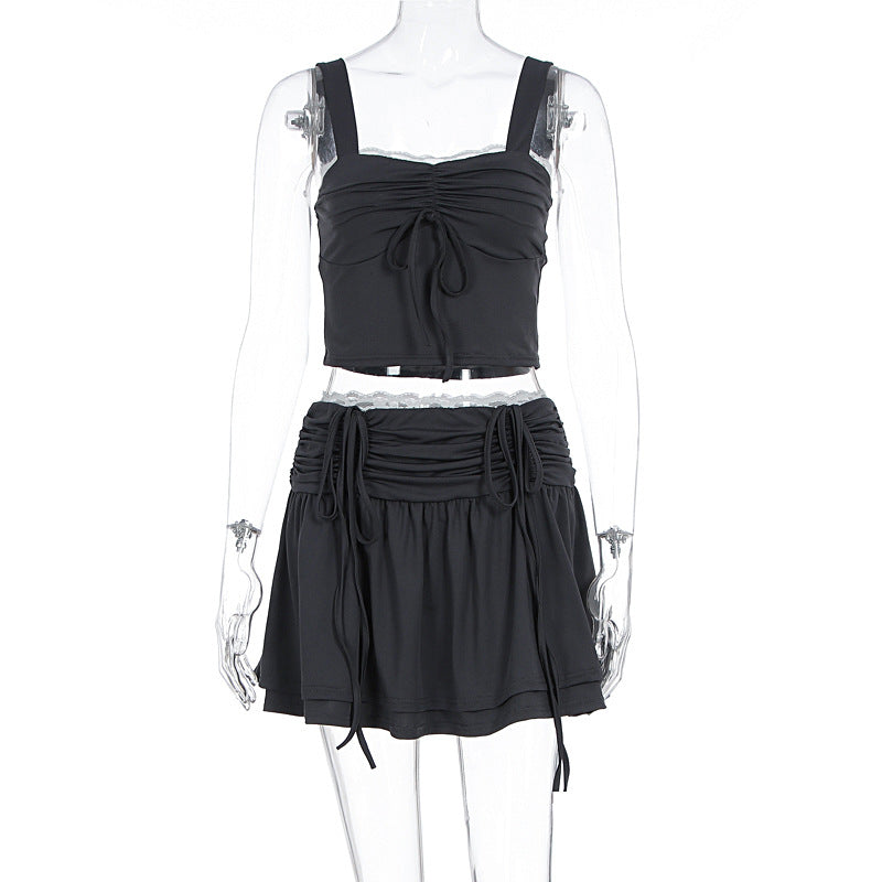Damen modisches Crop-Top und Rock Set mit Raffungen und Bindedetails Echo Archiv
