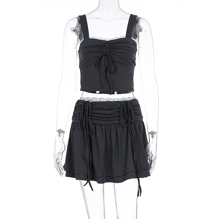 Damen modisches Crop-Top und Rock Set mit Raffungen und Bindedetails Echo Archiv
