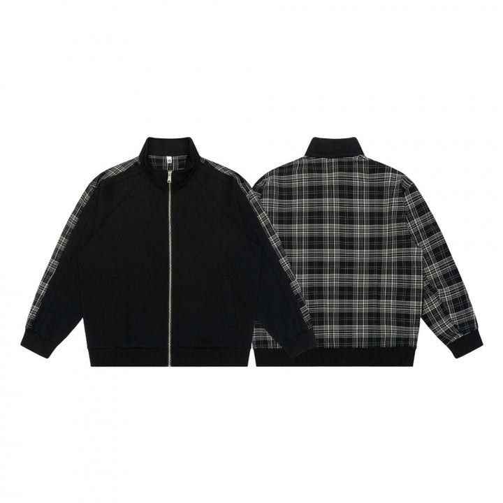 Unisex Kurz geschnittene Zip-Jacke im Boxy-Style mit Karo-Ärmeltape und Stehkragen Echo Archiv