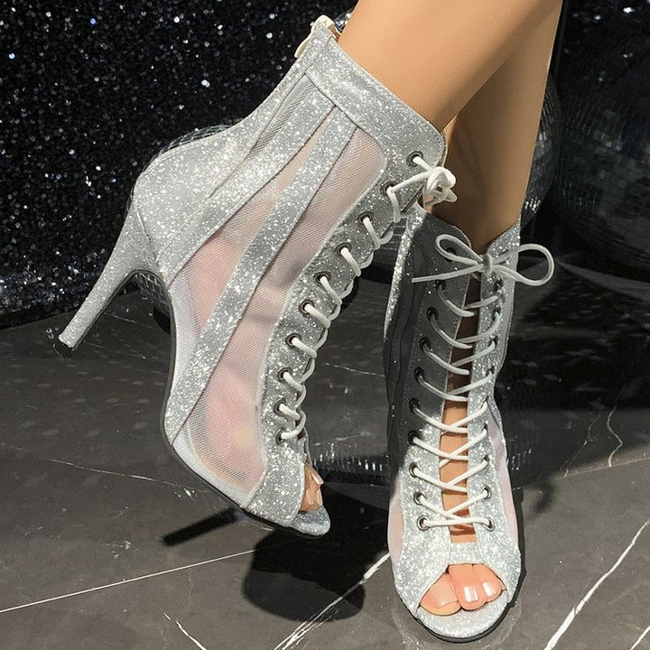 Damen Glitzer‑Peeptoe Ankle‑Boots mit Mesh‑Einsätzen, Schnürung und Seitenreißverschluss – Varelle