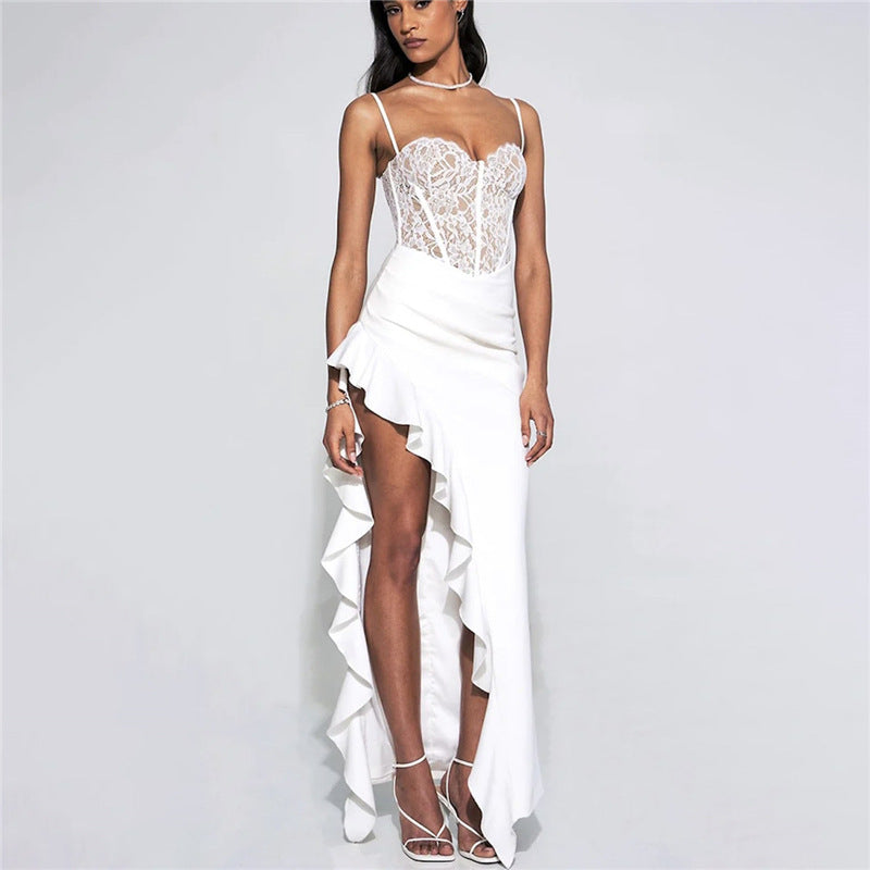 Damen elegantes Spitzen-Maxikleid mit raffinierten Drapierungen Echo Archiv