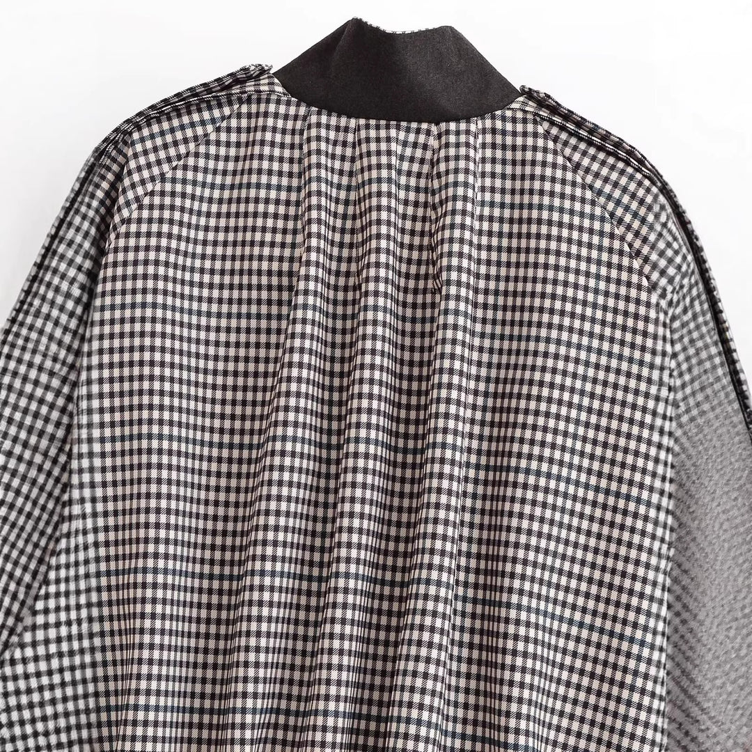 Damen Karierte Cropped-Boxy-Jacke mit Stehkragen, Pattentaschen und elastischem Saum Echoarchiv