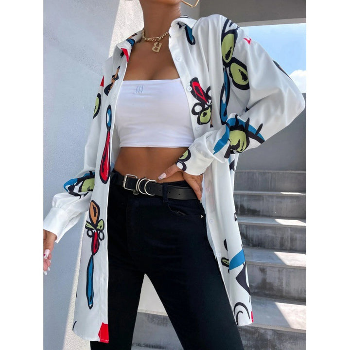 Damen Oversized Longbluse mit Pop‑Art‑Print, Hemdkragen und durchgehender Knopfleiste Echo Archiv