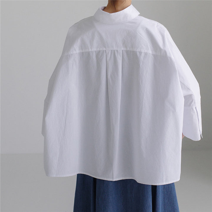 Damen weite Popeline-Bluse mit kastigem Schnitt und überschnittenen Ärmeln – Élovi