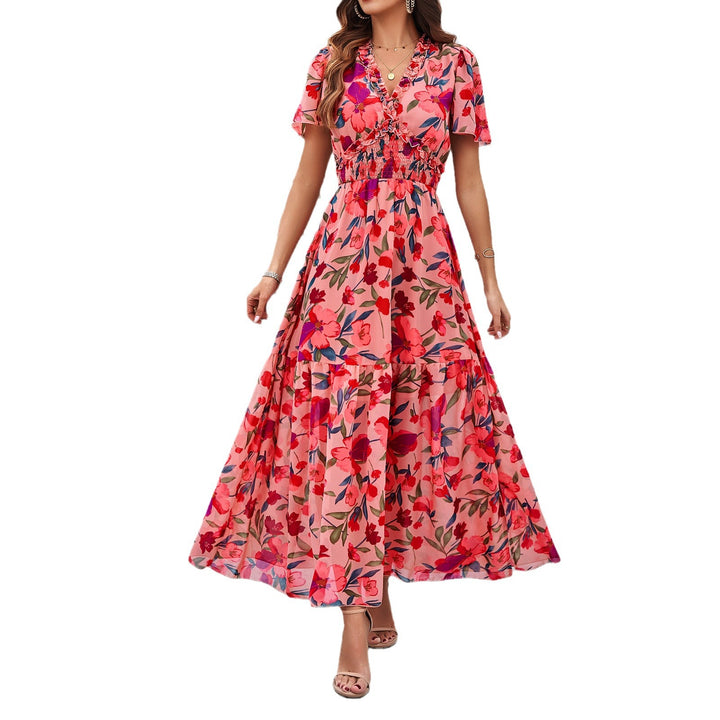 Damen Midi-Kleid mit floraler Raffung und elegantem V-Ausschnitt Echo Archiv