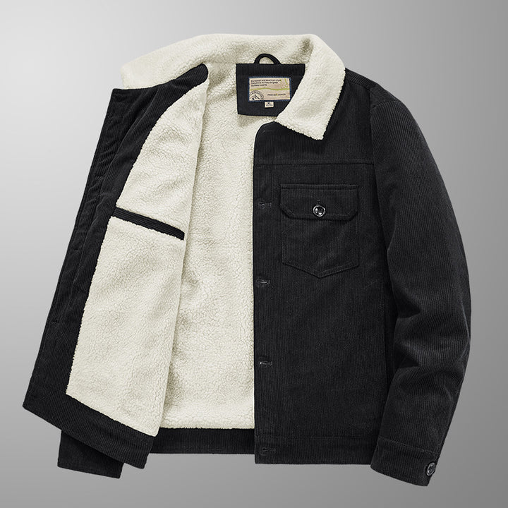 Herren Cord-Truckerjacke mit Sherpa-Innenfutter, Brustpattentasche und geradem Saum Echoarchiv