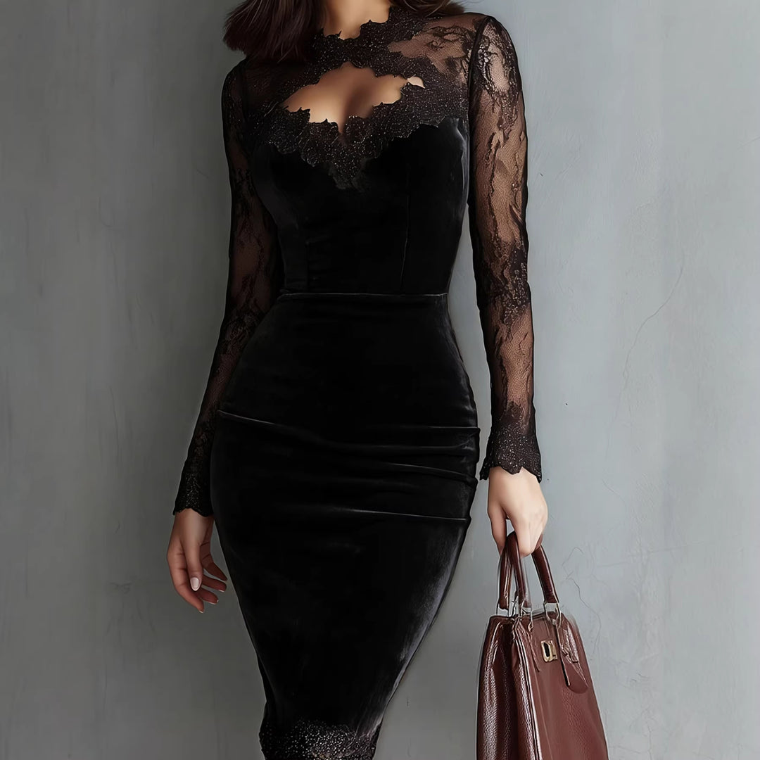 Damen Elegantes Samtkleid mit Spitzeneinsätzen und tailliertem Schnitt Echo Archiv