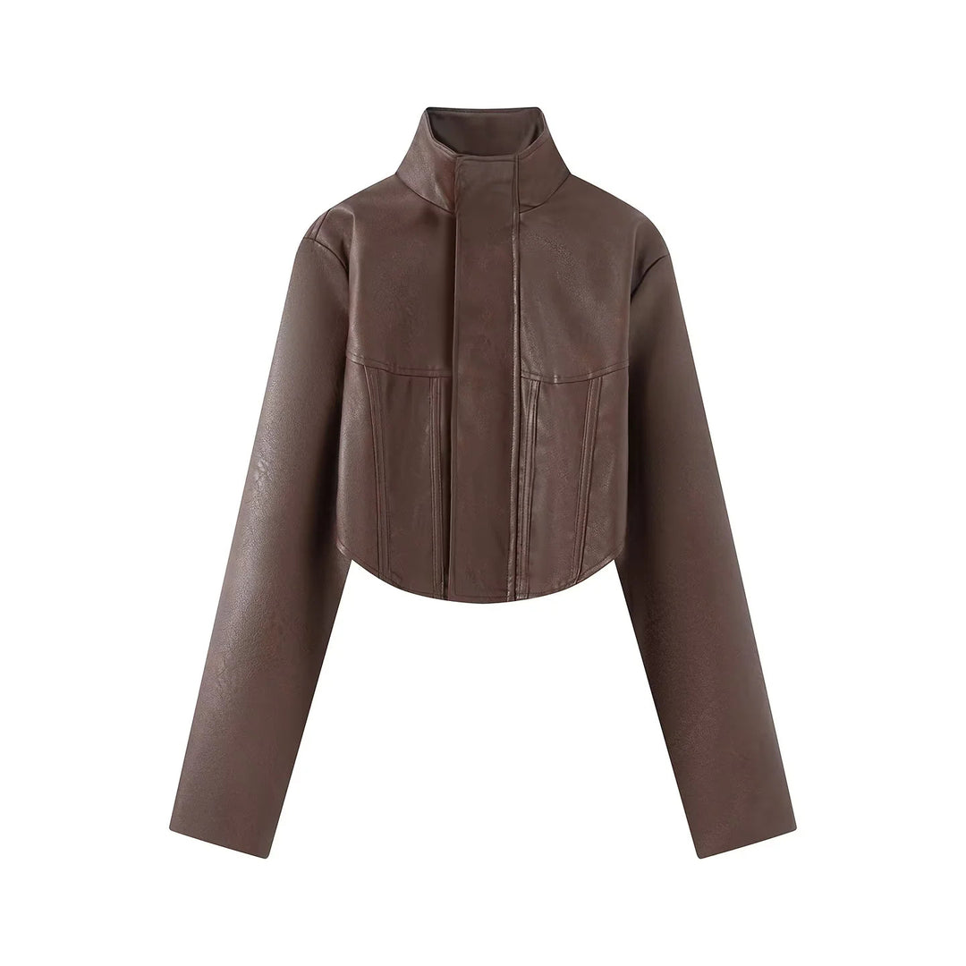 Damen kurzes Sculpted Korsettjacke mit Stehkragen, Epaulette‑Detail und verdeckter Druckknopfleiste – Célinea