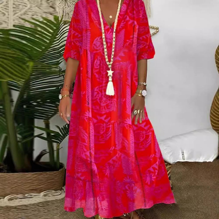 Damen nan Boho-Langkleid mit tiefem V-Ausschnitt, Stufenschnitt und legerer Oversize-Passform Echoarchiv