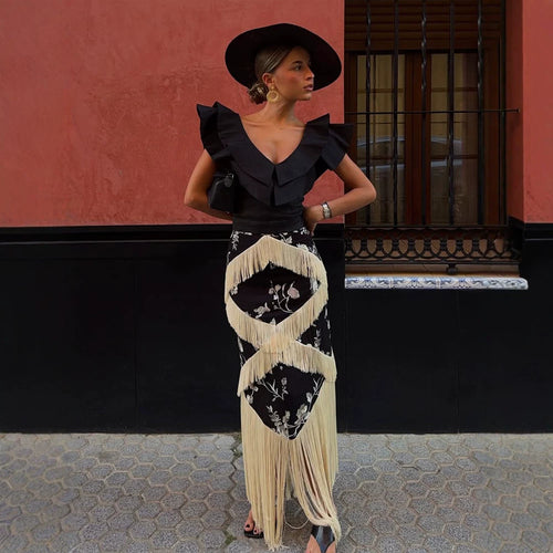 Damen Maxirock mit floralem Print & mehrlagigen Fransen-Details Echoarchiv
